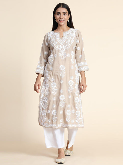 Aanchal in HOK Chikankari Long Kurti for Women Beige & White-2